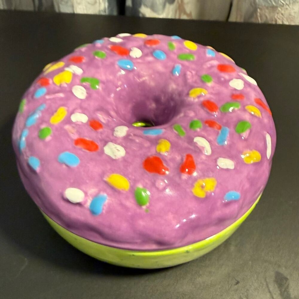 Hand Painted Ceramic Donut Trinket Box Purple Frosting Sprinkles Decor